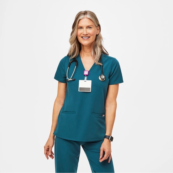 Figs Tops - Caribbean Blue Casma Three Pocket Scrub Top by FIGS